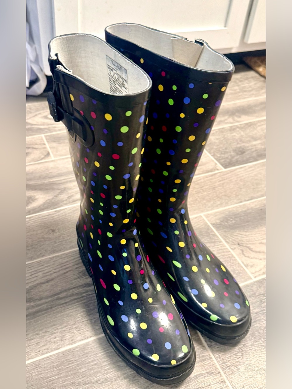 Western Chief Black Rain Boots with Colorful Polka Dots